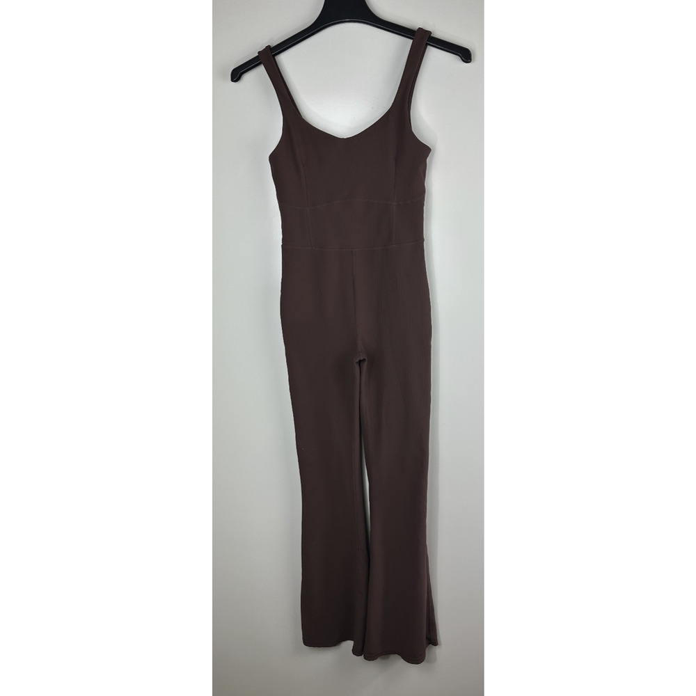 Wilo The Label Ribbed Jumpsuit Flare Chocolate Brown Stretch Women's Size Medium - Picture 12 of 13